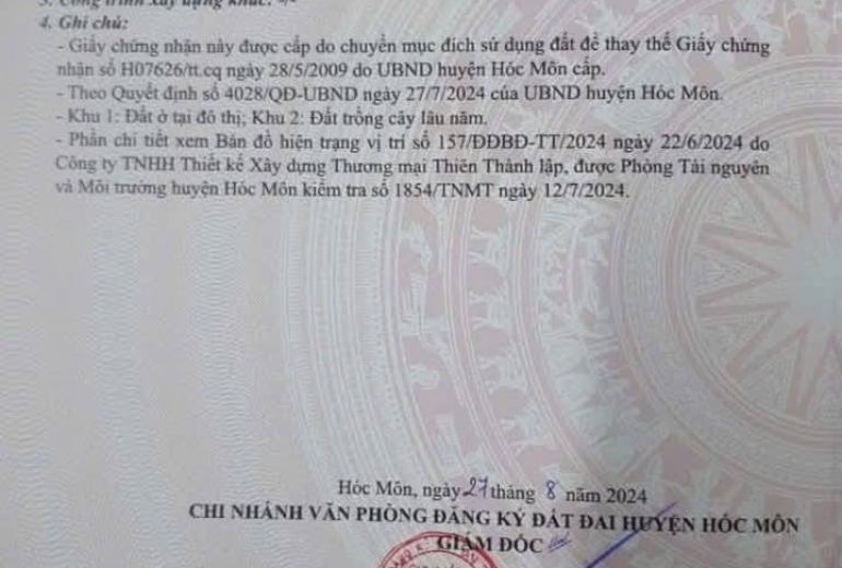 BÁN ĐẤT  4MX20M SỔ HỔNG RIÊNG  XÃ  XUÂN THỚI THƯỢNG